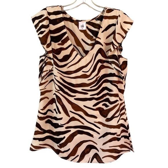 Cabi Zebra Print Ruffle Flutter Sleeve Blouse Style #3771 Brown Cream - Sz M - Picture 1 of 10